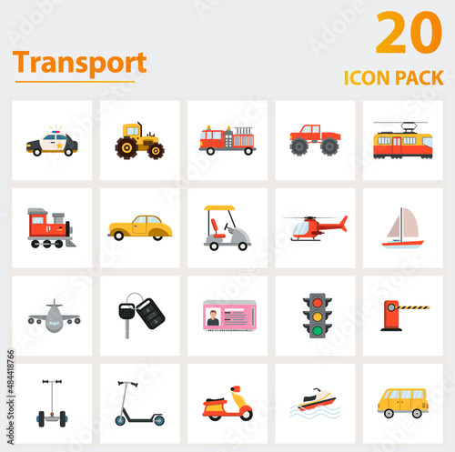 Transport icon set. Collection of simple elements such as the police car, tractor, fire truck, golf car, helicopter, airplane, bigfoot.