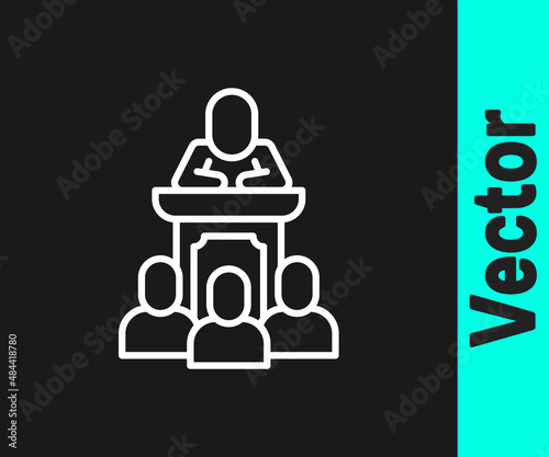 White line Auction auctioneer sells icon isolated on black background. Auction business, bid and sale. Vector