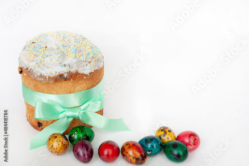 Orthodox traditions. Easter cake and brightly colored quail eggs