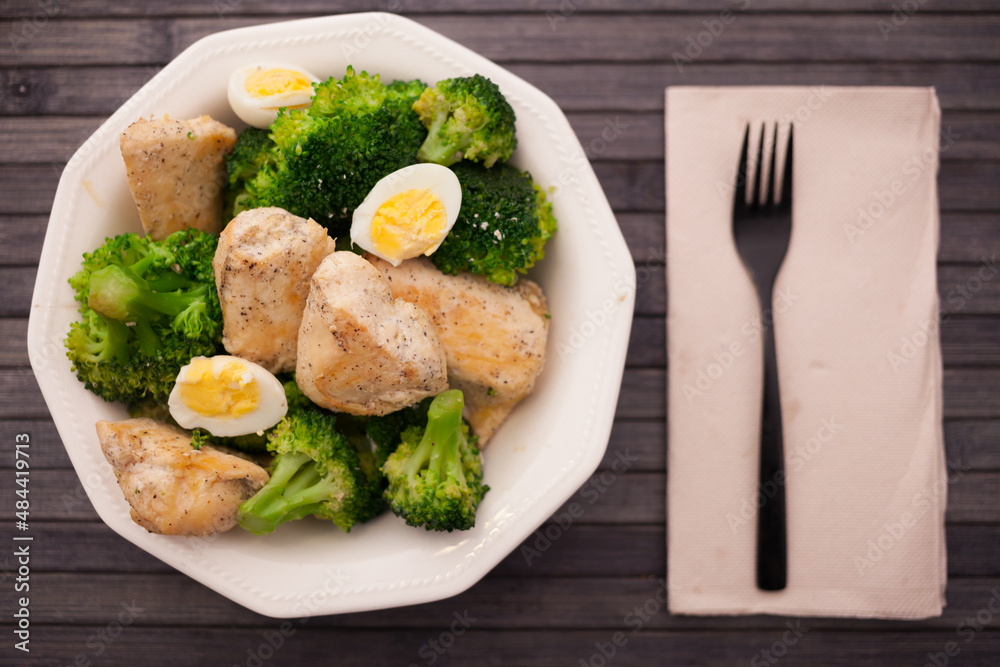 pieces of fried chicken breast with boiled broccoli and quail eggs on plate for lunch pieces of fried chicken breast with boiled broccoli and quail eggs on plate for lunch