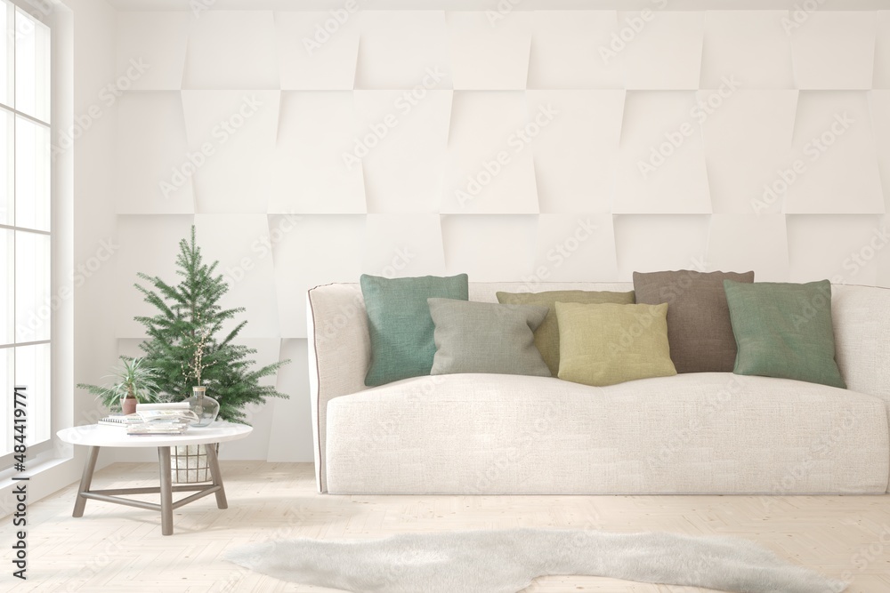 White living room with sofa. Scandinavian interior design. 3D illustration White living room with sofa. Scandinavian interior design. 3D illustration