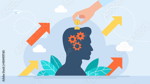 The concept of investing in man. Improving performance. Contribution to development. Metaphor of investing in a person. Improving the level of knowledge through training. Flat illustration. Vector. 
