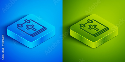 Isometric line Calendar with Easter icon isolated on blue and green background. Spring Christian Holiday symbol. Square button. Vector