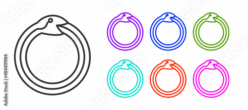 Black line Magic symbol of Ouroboros icon isolated on white background. Snake biting its own tail. Animal and infinity, mythology and serpent. Set icons colorful. Vector