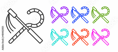 Black line Crook and flail icon isolated on white background. Ancient Egypt symbol. Scepters of egypt. Set icons colorful. Vector