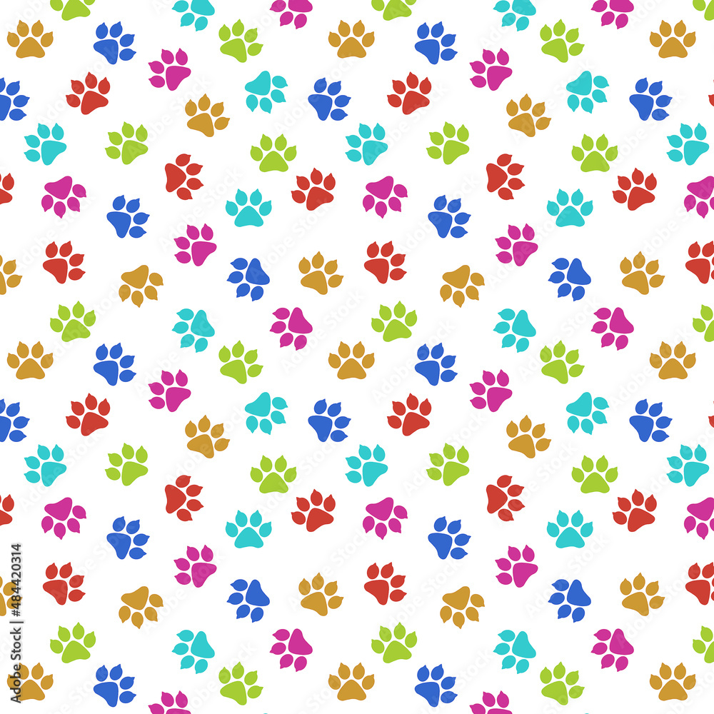 pattern print of feline paws colored footprints on white background