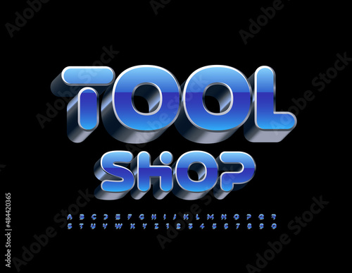 Vector business logo Tool Shop. 3D Blue and Metal Font. Abstract Alphabet Letters and Numbers set