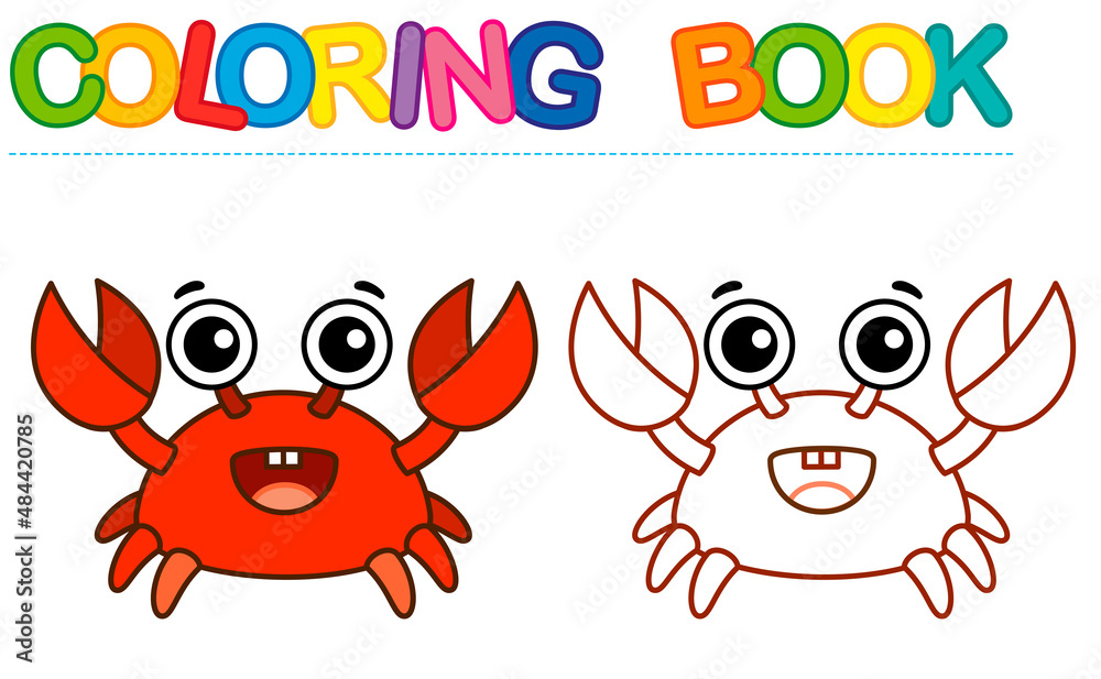 Coloring page funny smiling red Crab. Vector coloring book for