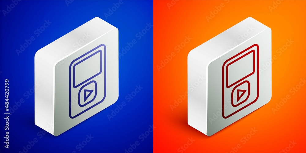 Isometric line Music player icon isolated on blue and orange background. Portable music device. Silver square button. Vector Isometric line Music player icon isolated on blue and orange background. Portable music device. Silver square button. Vector
