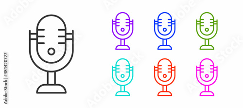 Black line Microphone icon isolated on white background. On air radio mic microphone. Speaker sign. Set icons colorful. Vector