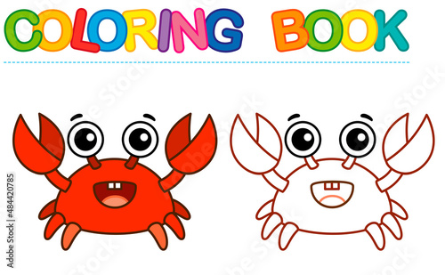 Coloring page funny smiling red Crab. Vector coloring book for childrens activity