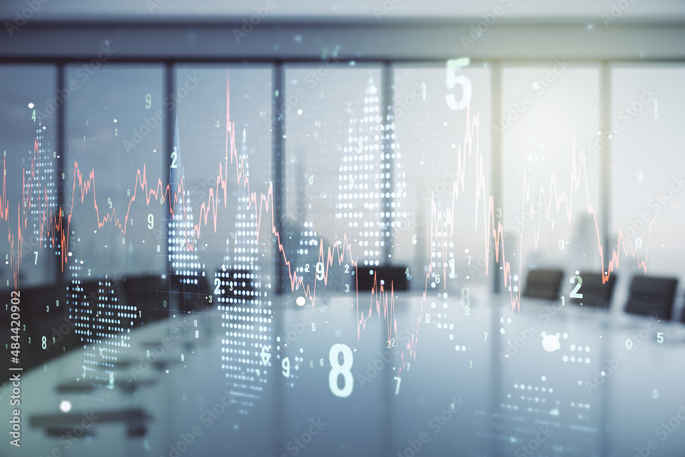 Multi exposure of virtual abstract financial diagram on a modern furnished office interior background, banking and accounting concept Multi exposure of virtual abstract financial diagram on a modern furnished office interior background, banking and accounting concept