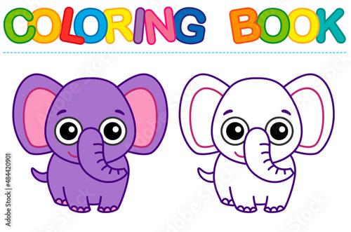 Coloring page funny cartoon elephant. Vector coloring book for childrens activity