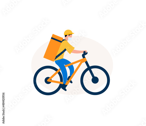 Food delivery man on an electric bike. Courier with eat bag on bicycle. Graphic for delivery service. Vector illustration.