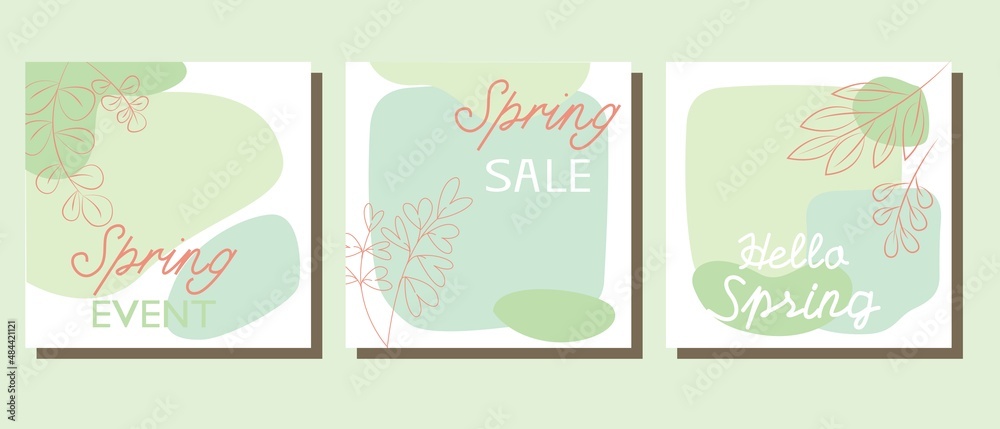 Set of spring frame illustration. Green leaves and botanical decoration vector template for spring sale, event, cover design. Vector illustration.