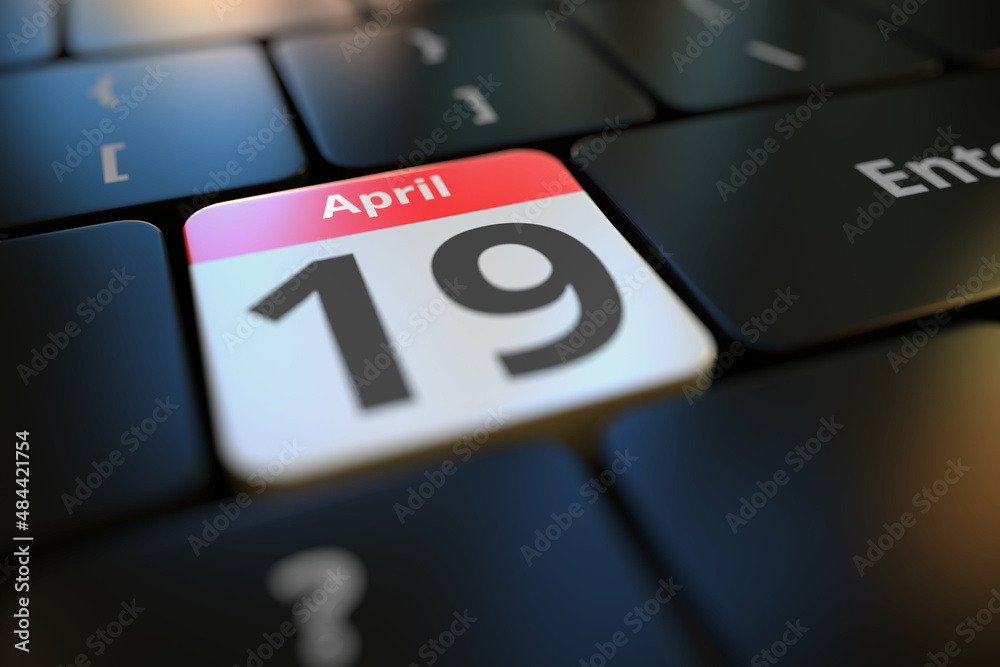 April 19 date on a keyboard key, 3d rendering April 19 date on a keyboard key, 3d rendering