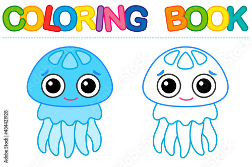 Coloring page cartoon smiling blue jellyfish. Vector coloring book for childrens activity