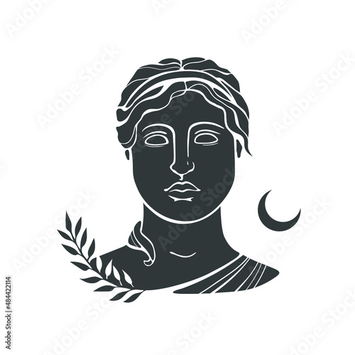 Ancient sculpture of a woman with olive branch and moon. Mystical Greek woman silhouette. Flat hand-drawn beauty illustration. Black isolated vector image on white background.