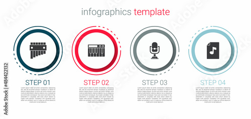 Set Pan flute, Music synthesizer, Microphone and book with note. Business infographic template. Vector