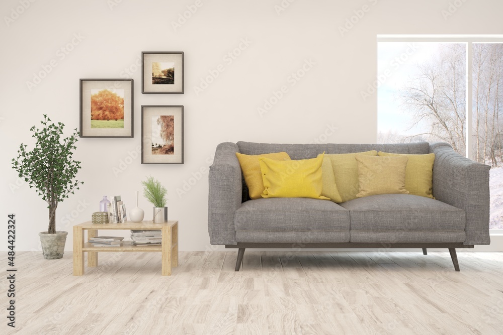 White living room with sofa and winter landscape in window. Scandinavian interior design. 3D illustration White living room with sofa and winter landscape in window. Scandinavian interior design. 3D illustration