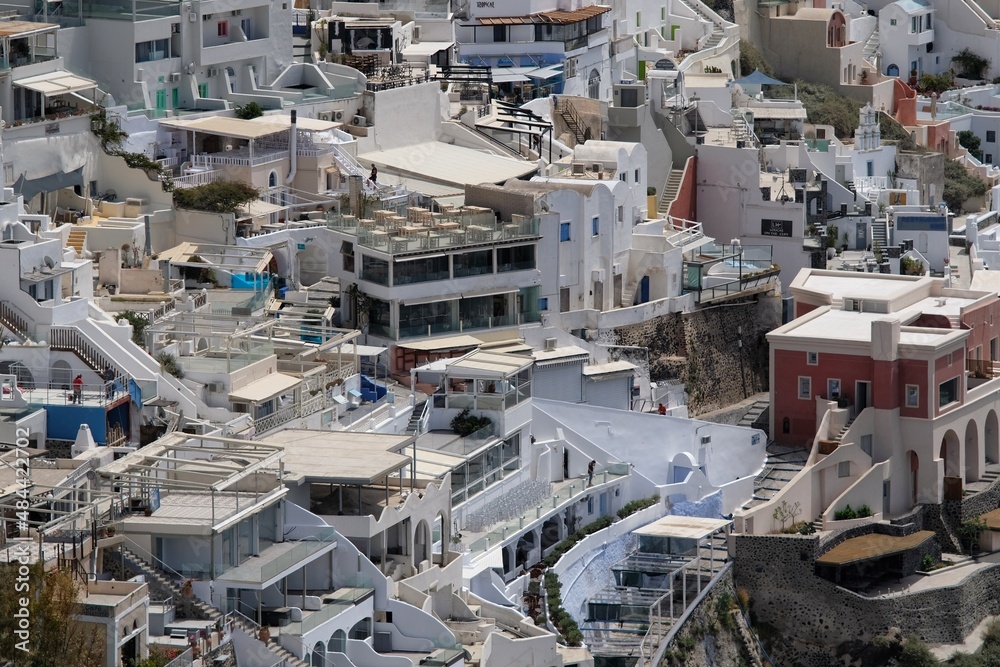 View of the whitewashed architecture of the village of Fira in Santorini Greece
