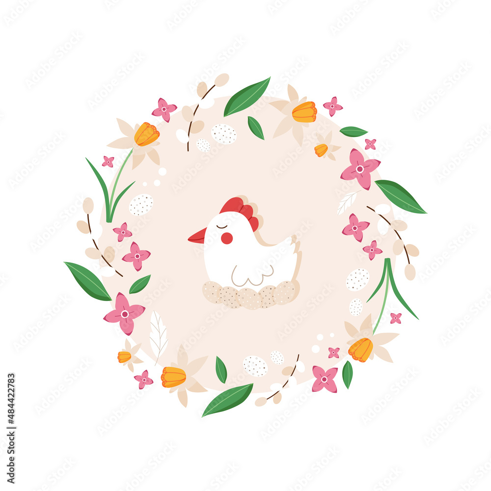 Cute Easter frame with chicken sitting on eggs. Romantic botanical vector wreath illustration drawn in cartoon style and isolated on white background