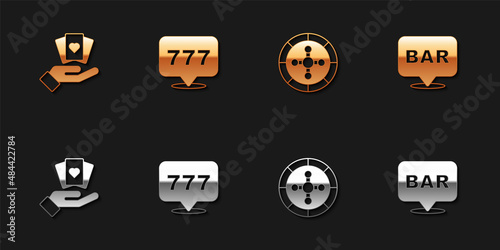 Set Hand holding playing cards, Slot machine with jackpot, Casino roulette wheel and Alcohol bar location icon. Vector