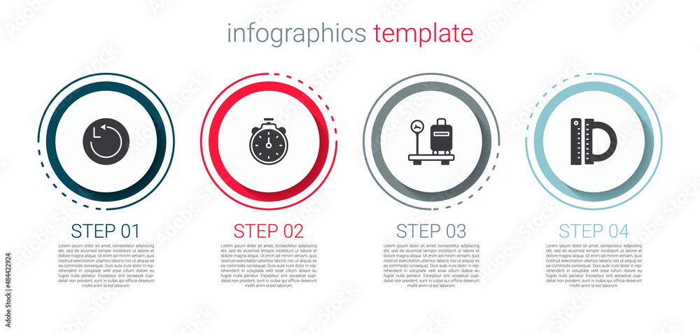 Set Radius, Stopwatch, Scale with suitcase and Protractor and ruler. Business infographic template. Vector