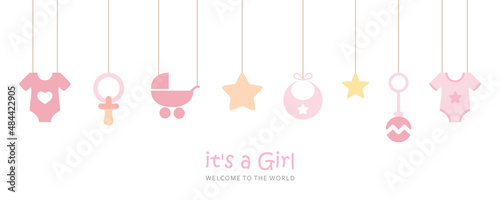 its a girl welcome greeting card for childbirth with hanging baby utensils