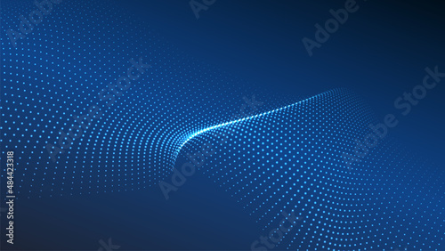 Wave of flowing particles on a dark background. Abstract backdrop with dynamic elements of waves and dots. Vector
