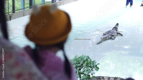 Slow motion scene of A mother holding a 5-year-old Asian girl is standing by the pond looking at the crocodile. learn things around