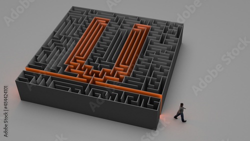 3D illustration of U-shaped maze with a man exiting it
