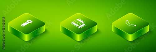 Set Isometric Wooden barrel, Sausage and Bottle opener icon. Vector