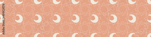 Gender neutral sleepy star and moon seamless vector background. Simple whimsical romantic 2 tone pattern banner. Kids nursery wallpaper or scandi band.