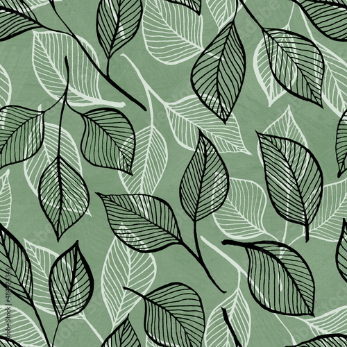 Floral seamless pattern with hand drawn botanical elements. Transparent black and white leaves on a green background. For textile and wallpaper design.
