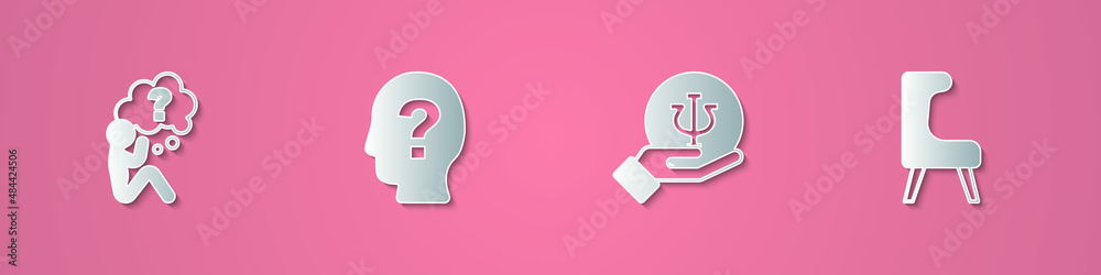 Set paper cut Head with question mark, , Psychology, Psi and Armchair icon. Paper art style. Vector Set paper cut Head with question mark, , Psychology, Psi and Armchair icon. Paper art style. Vector