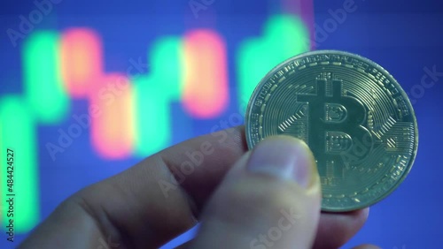 Slow motion scene of bitcoin coin with candlestick chart background stock trading