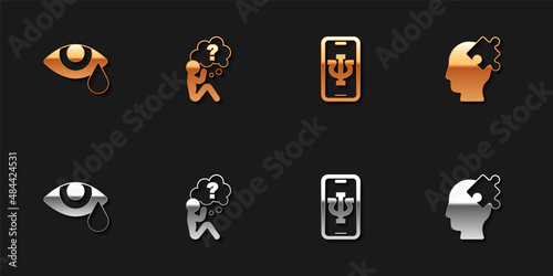 Set Tear cry eye, Head with question mark, Psychologist online and Solution to the problem icon. Vector
