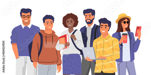 Group of people vector. Young man and woman standing.