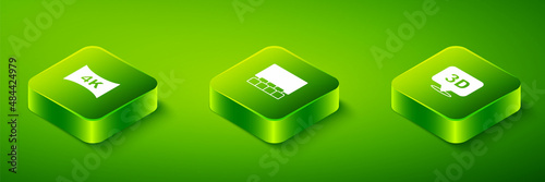 Set Isometric Cinema auditorium with screen, 3D word and Screen tv 4k icon. Vector