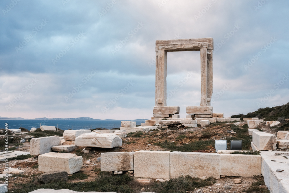 naxos greece apollo gate on a cloudy day