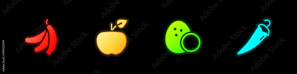 Set Banana, Apple, Coconut and Hot chili pepper icon. Vector Set Banana, Apple, Coconut and Hot chili pepper icon. Vector