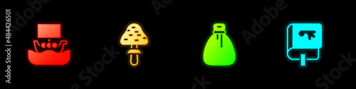 Set Viking ship Drakkar, Mushroom, Old money bag and book icon. Vector