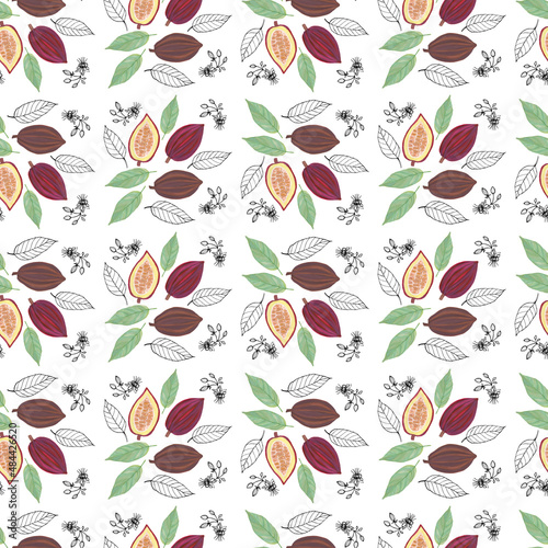 Seamless pattern of cocoa beans, foliage and flowers, colorful gouache illustration on a white background. 