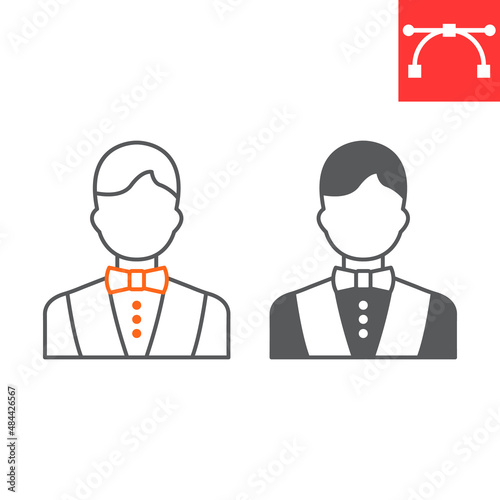 Croupier line and glyph icon, dealer and casino worker, croupier vector icon, vector graphics, editable stroke outline sign, eps 10.