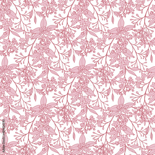 Seamless pattern of decorative flowering branches of spirea  jasmine with foliage and small flowers  freehand drawing with liner pink outline and fill.