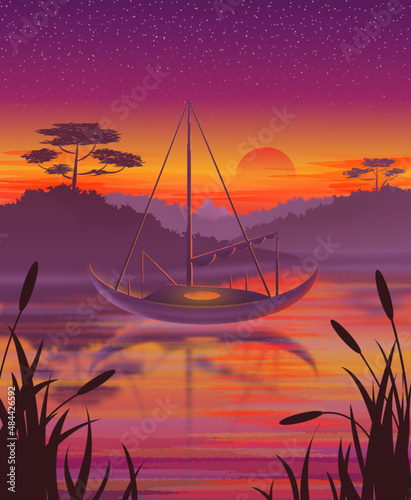 Vector illustration of a landscape with a boat on a sunset background and river in tropical jungle.