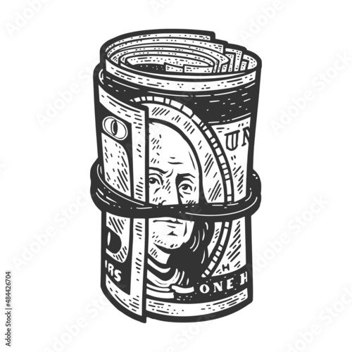 Cash dollars roll sketch engraving vector illustration. T-shirt apparel print design. Scratch board imitation. Black and white hand drawn image.