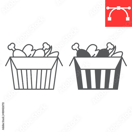 Fried chicken basket line and glyph icon, junk food and meat, fried chicken bucket vector icon, vector graphics, editable stroke outline sign, eps 10.