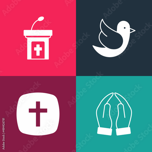 Set pop art Hands in praying position, Christian cross, Dove and Church sermon tribune icon. Vector